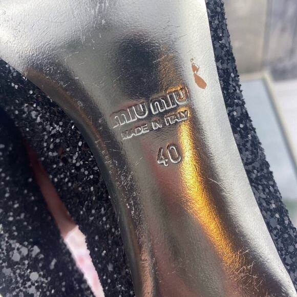 Miu Miu Black Patent Leather Glitter Peep Toe Platform Heels Size 40/9 - Picture 12 of 15